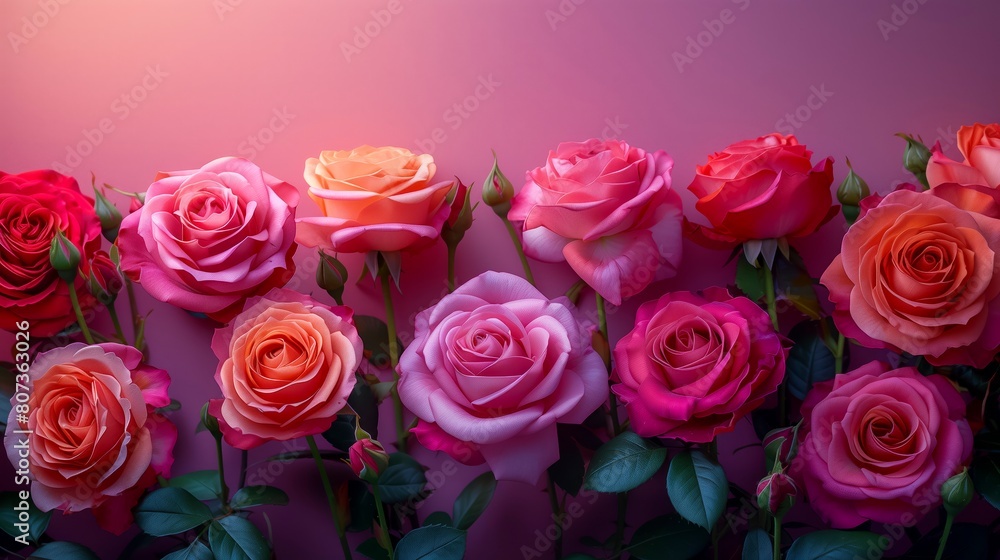 Row of pink roses are arranged in a vase. The roses are of various sizes and colors, creating a beautiful and vibrant display Row of pink roses are arranged in a vase. The roses are of various sizes and colors, creating a beautiful and vibrant display