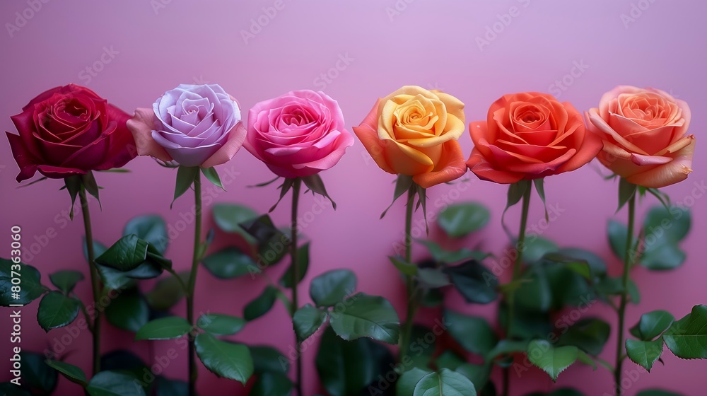 A row of six different colored roses are arranged in a vase A row of six different colored roses are arranged in a vase