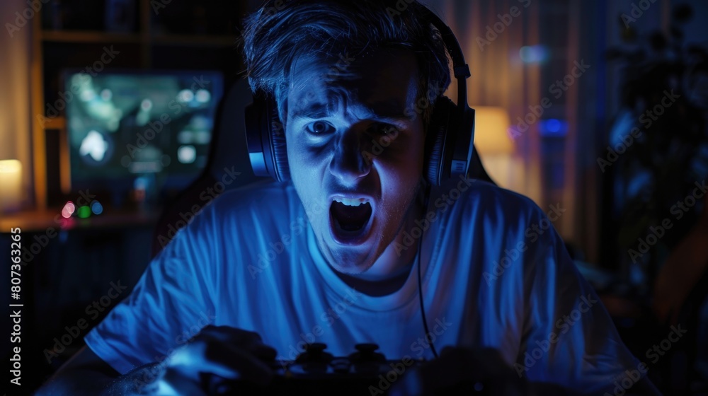 Fototapeta premium A man wearing headphones playing a video game. Suitable for gaming or technology concepts