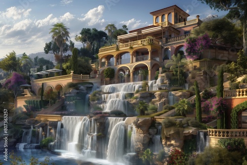 Elegant hillside villa with classic design elements, overlooking a spectacular waterfall. © Sajida