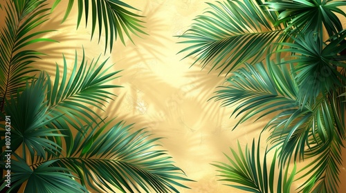 An abstract foliage botanical background modern. Beige wallpaper with tropical plants  leaf branches  palm leaves  line art. Foliage design for banners  prints  decor  wall art  wallpaper.