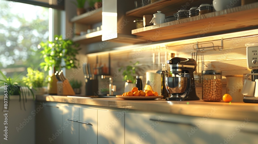 Modern Kitchen Interior with Sunlit Marble Countertop. Modern Kitchen Interior with Sunlit Marble Countertop.