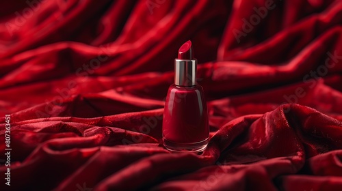 Ruby red nail polish bottle resting atop a crimson velvet surface