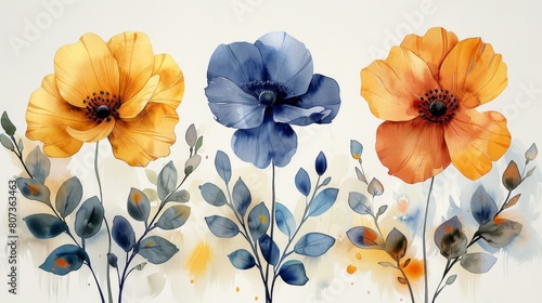 Colorful blossom background for social media posts, websites, ads, businesses, etc. Set of banner design with flowers, leaves, branches and watercolor texture.