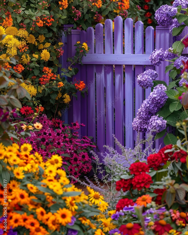 a beautiful flower garden with red, yellow, orange flowers and a hydrangea bush with a purple gate