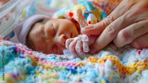 Portrait newborn premature baby hand hold her mother hand in hospital. Generated AI image photo