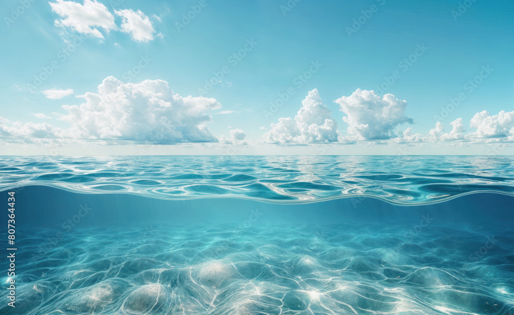 Fototapeta premium Beautiful seascape with blue sky and clouds reflected in water. View ocean dawn, warm sunlight horizon. Calm sea majestic, natural paradise. Beauty nature scenery.