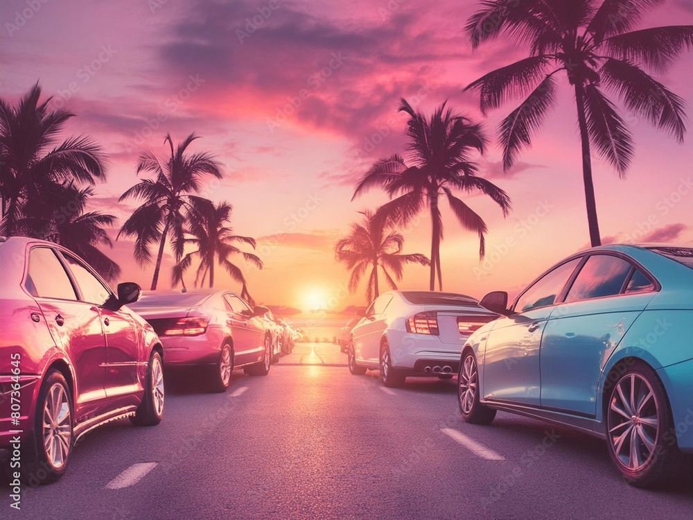 AI generated illustration of cars parked in lot by palm trees at sunset
