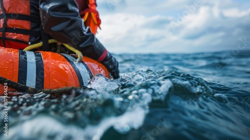 A life jacket rests on a raft amidst the vast ocean waters under a clear sky.