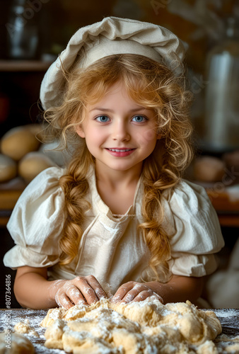 A young girl is wearing a chef s hat and standing in front of a table with dough