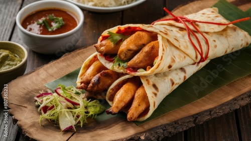 a traditional chicken wrap  consisting of kebab  paratha  and tikka  elegantly served on a wooden plank alongside chutney and salad