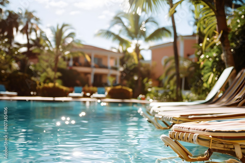 Swimming pool and sun loungers at stylish tropical spa hotel  summertime banner mockup. Summer travel sales and vacation concept.