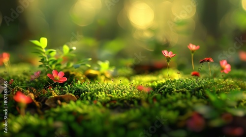 Moss on the ground  small flowers  miniature photography  landscape  spring   beautiful composition