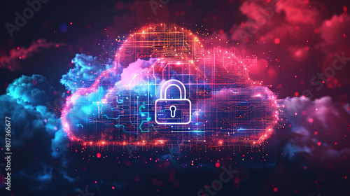 concept for cloud security services, stylized cloud icon integrated with a secure padlock symbol, representing data protection and cybersecurity in cloud computing environments, with empty copy space photo