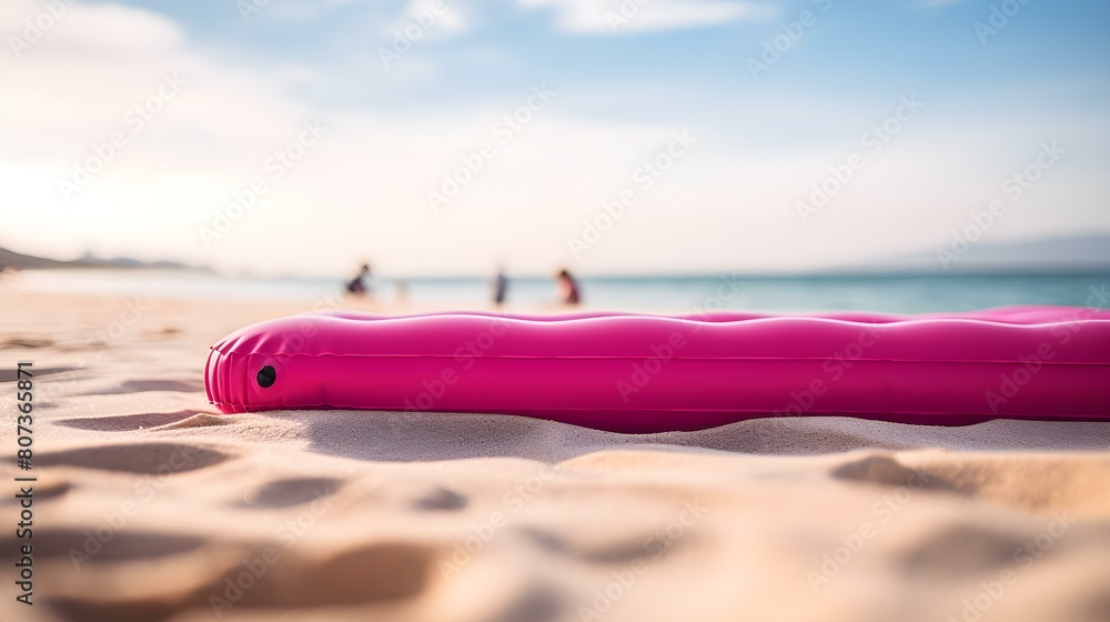 Close up of a hot pink inflatable Beach Mat on the Sand. Beautiful Summer Vacation Background Close up of a hot pink inflatable Beach Mat on the Sand. Beautiful Summer Vacation Background