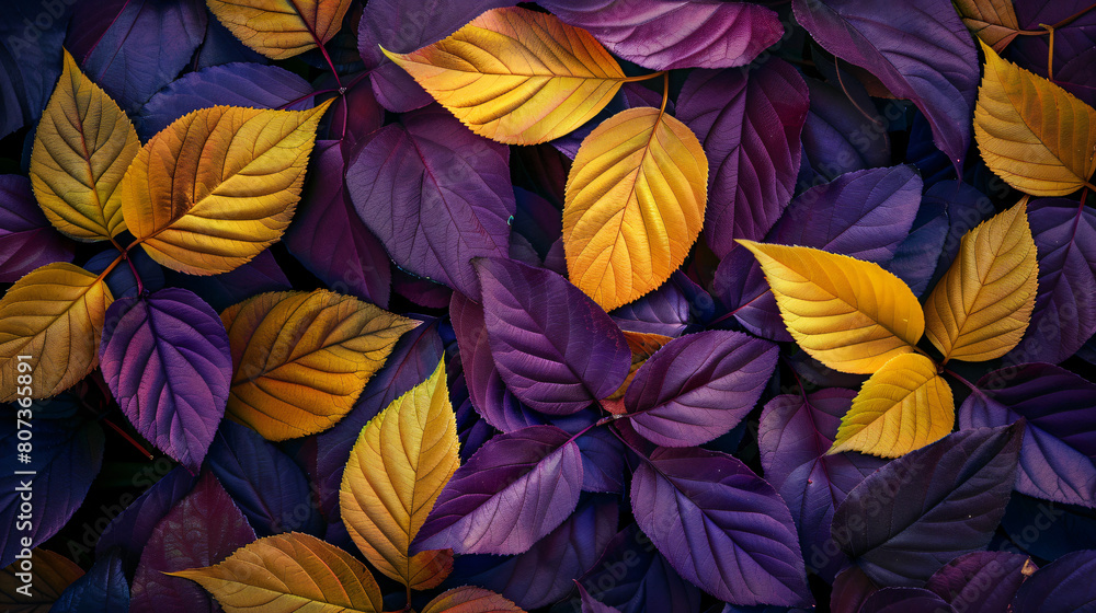 Abstract natural background from leaves in yellow and Purple