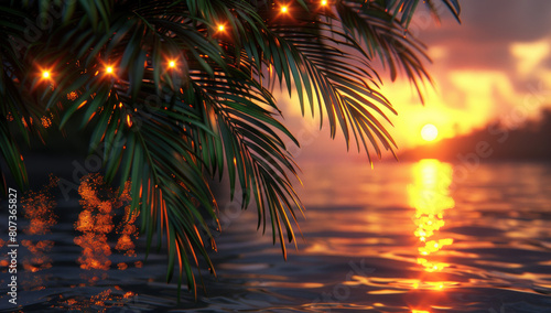 Palm tree with lights sunset. Summer background. Tropical paradise island with neon glow, beautiful and ocean. Vacation, travel, and holiday. Trendy color beauty nature.