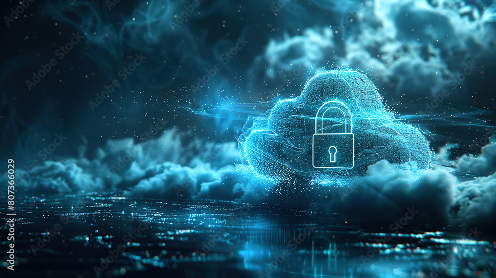 concept for cloud security services, stylized cloud icon integrated with a secure padlock symbol, representing data protection and cybersecurity in cloud computing environments, with empty copy space concept for cloud security services, stylized cloud icon integrated with a secure padlock symbol, representing data protection and cybersecurity in cloud computing environments, with empty copy space