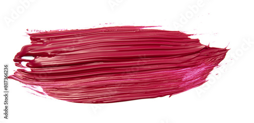 Bright, textured swoosh of crimson acrylic paint isolated on white