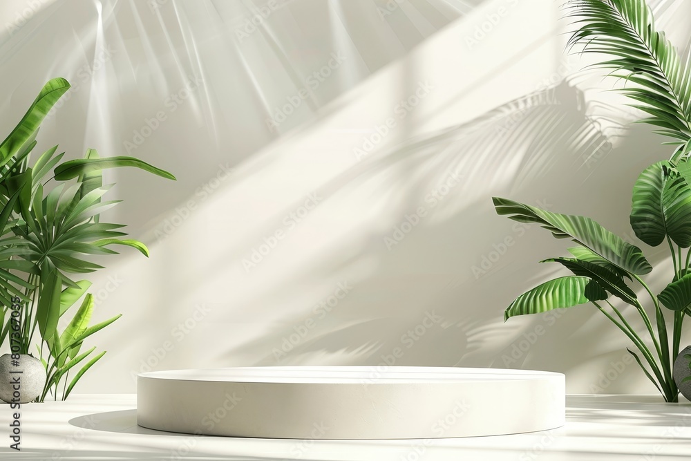 Sleek and Minimalist Podium Design with Tropical Foliage and Copy Text Space for Showcasing New Concepts Sleek and Minimalist Podium Design with Tropical Foliage and Copy Text Space for Showcasing New Concepts