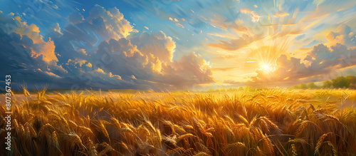 Farmers harvesting wheat in a bountiful field under the vibrant sunbeams.