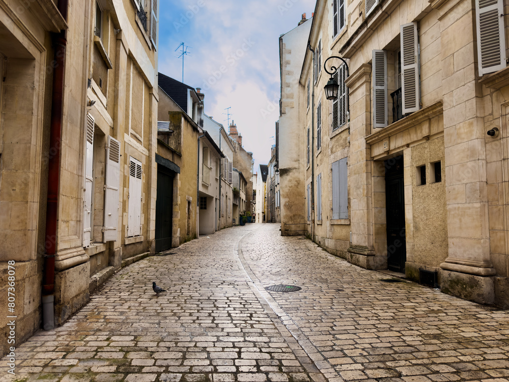 Obraz premium Cobblestone street with medieval houses in old city of Orleans