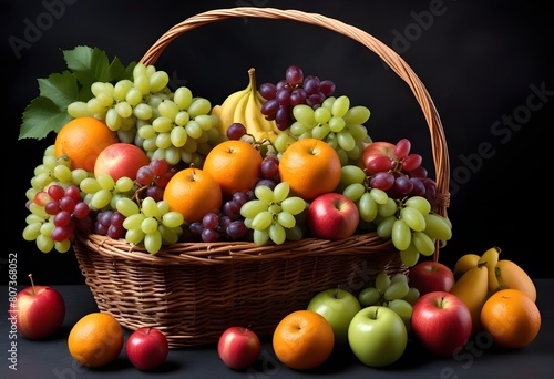  A wicker basket filled with an assortment of fresh fruits   including grapes  apples  oranges   against a dark background