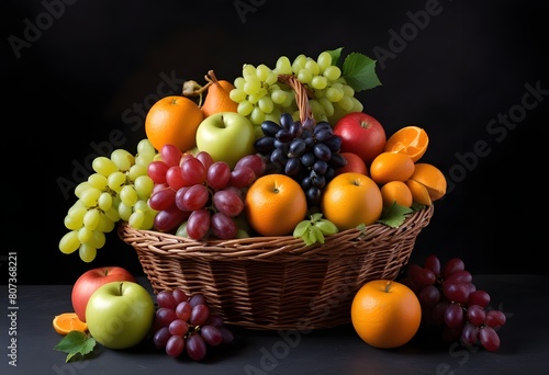  A wicker basket filled with an assortment of fresh fruits   including grapes  apples  oranges   against a dark background