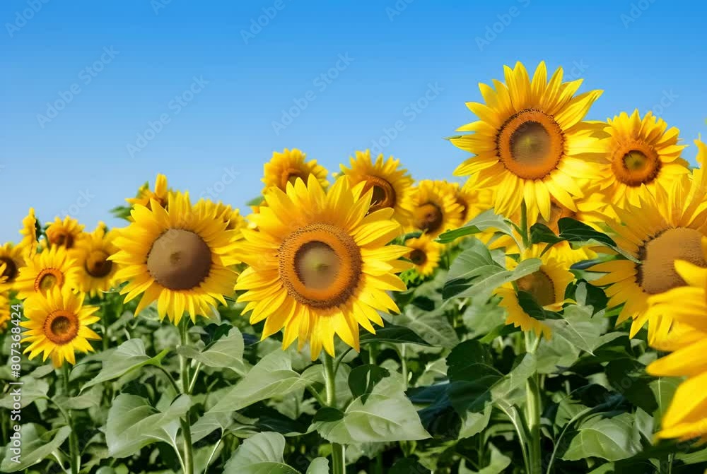 A vibrant field of golden sunflowers under a bright blue sky, interspersed with lush green foliage. The warm summer sun casts a soft glow, enhancing the vivid yellow petals and serene natural scenery A vibrant field of golden sunflowers under a bright blue sky, interspersed with lush green foliage. The warm summer sun casts a soft glow, enhancing the vivid yellow petals and serene natural scenery