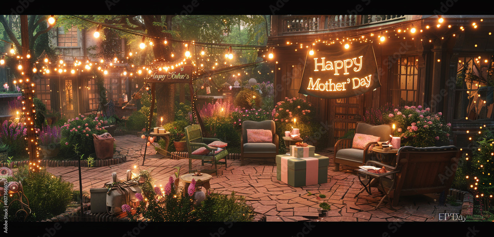 Enchanting garden setting with twinkling fairy lights, cozy seating areas, a prominently displayed 