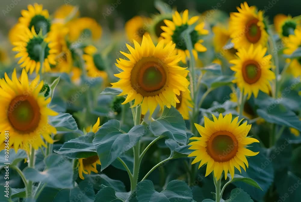 A vibrant field of golden sunflowers under a bright blue sky, interspersed with lush green foliage. The warm summer sun casts a soft glow, enhancing the vivid yellow petals and serene natural scenery A vibrant field of golden sunflowers under a bright blue sky, interspersed with lush green foliage. The warm summer sun casts a soft glow, enhancing the vivid yellow petals and serene natural scenery
