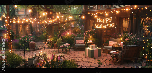 Enchanting garden setting with twinkling fairy lights, cozy seating areas, a prominently displayed "Happy Mother's Day" banner, and a lovingly wrapped gift box.