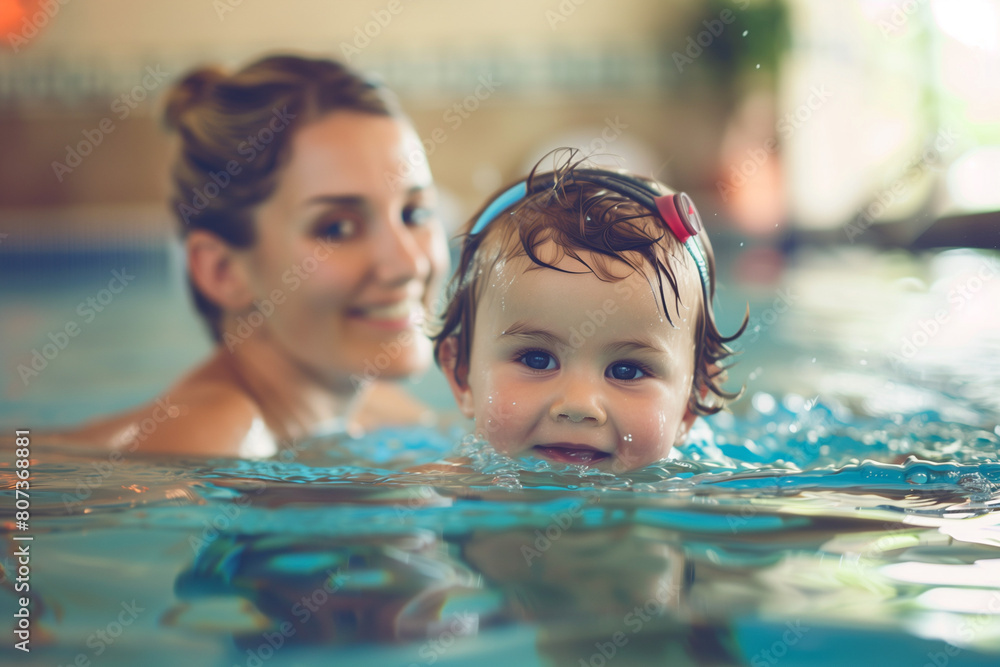 A cute toddler child swimming with mom in the pool. High quality photo