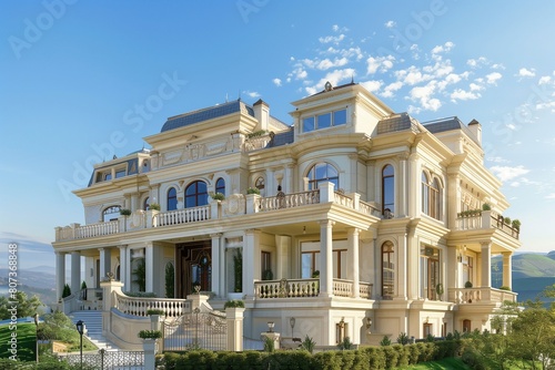 Luxurious mansion on a hill, combining classic and contemporary design elements.