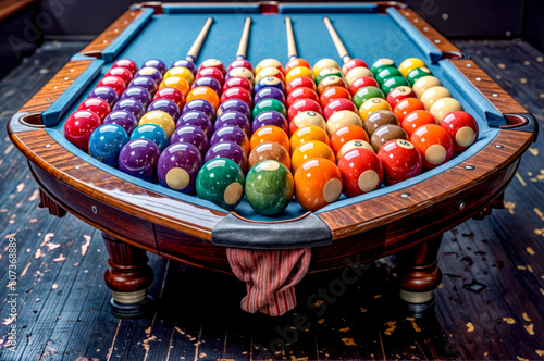 A pool table with many balls on it
