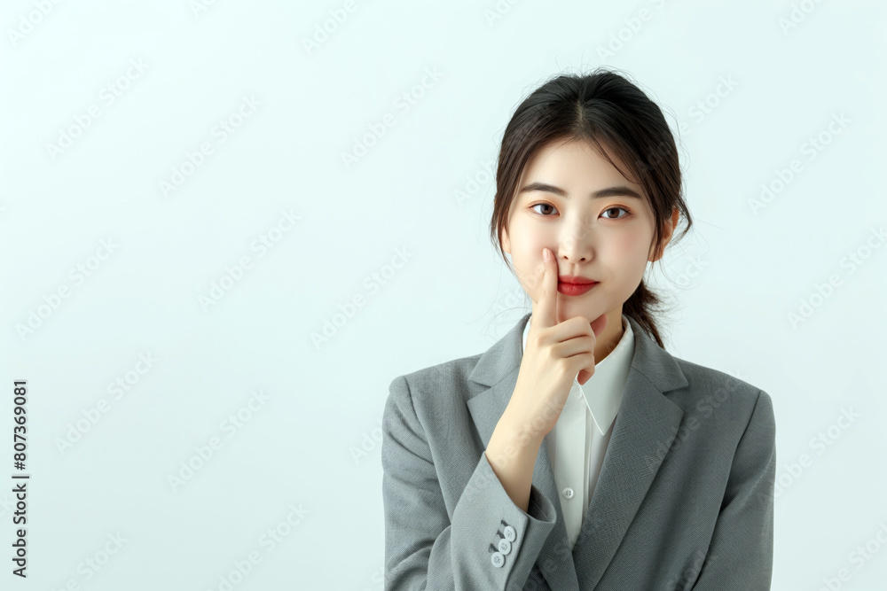 A young businesswoman makes a secret quiet gesture with her finger on her lips. A young businesswoman makes a secret quiet gesture with her finger on her lips.