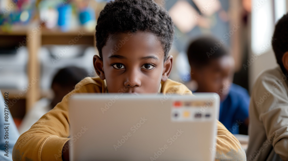 Young African American student using laptop in classroom. Young African American student using laptop in classroom.