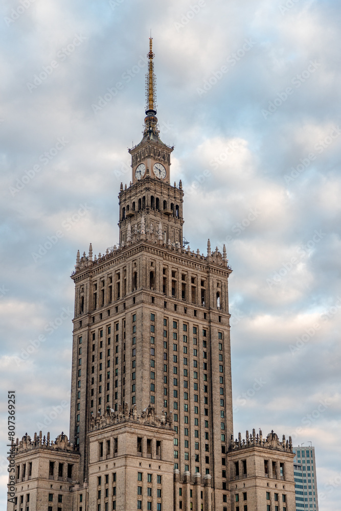 palace of culture and science in warsaw at dawn in spring in poland