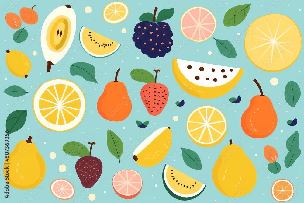 A colorful fruit pattern with a blue background
