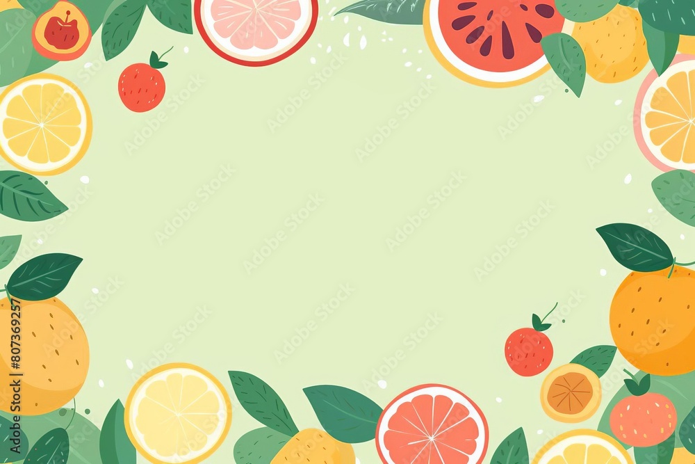A green background with a frame of fruit including oranges, lemons A green background with a frame of fruit including oranges, lemons