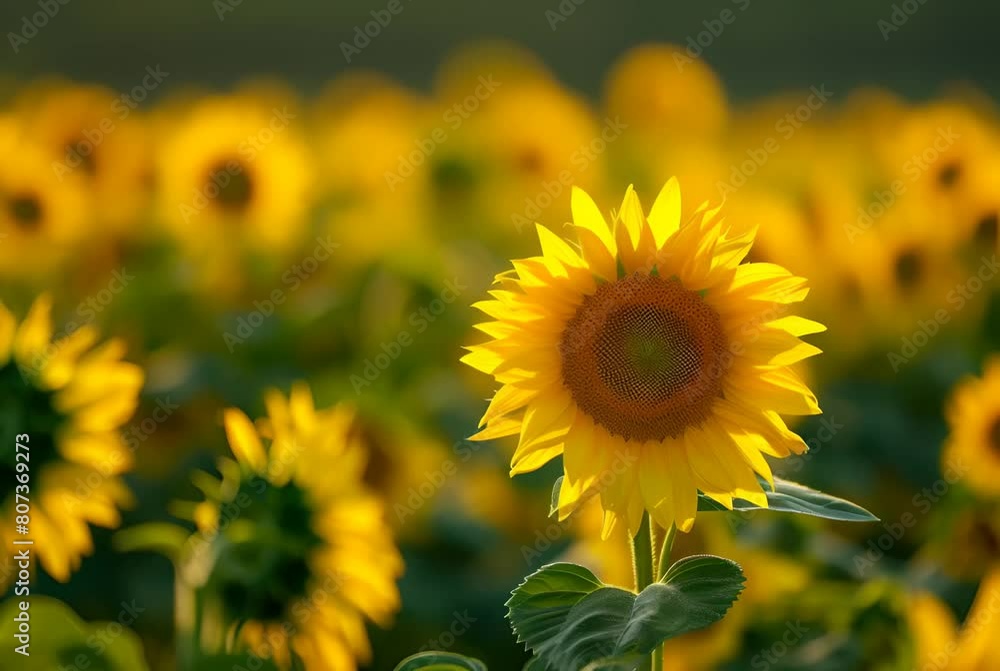 A vibrant field of golden sunflowers under a bright blue sky, interspersed with lush green foliage. The warm summer sun casts a soft glow, enhancing the vivid yellow petals and serene natural scenery A vibrant field of golden sunflowers under a bright blue sky, interspersed with lush green foliage. The warm summer sun casts a soft glow, enhancing the vivid yellow petals and serene natural scenery