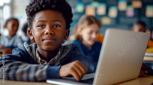 Confident African American boy using laptop in classroom.