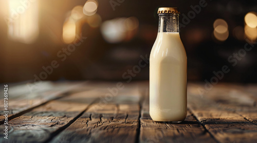 Bottle of Milk on Wooden Table