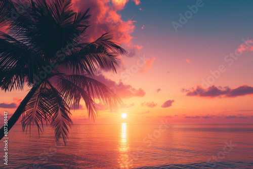 Tropical Sunset with Palm Silhouette Against a Radiant Orange Sky, Invoking Warm, Relaxing Vibes