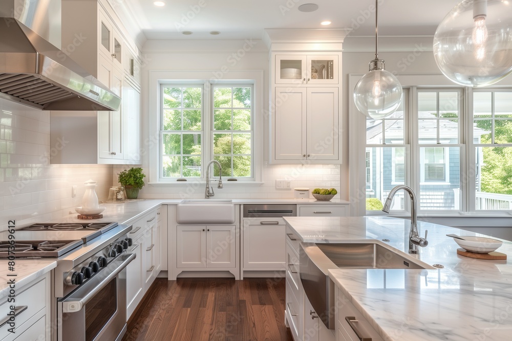 Modern Cape Cod Kitchen with White Cabinetry and Marble Countertops Modern Cape Cod Kitchen with White Cabinetry and Marble Countertops
