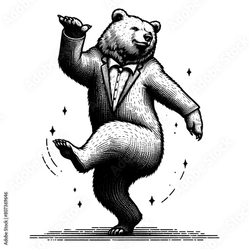 Dancing standing bear pointing with its paw sketch engraving generative ai fictional character PNG illustration. Scratch board imitation. Black and white image.