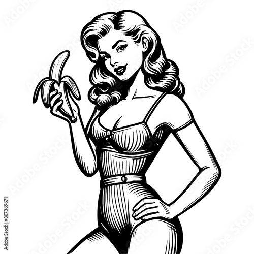pin-up girl playfully peeling a banana, capturing a cheeky and fun 1950s vibe sketch engraving generative ai fictional character PNG illustration. Scratch board imitation. Black and white image.