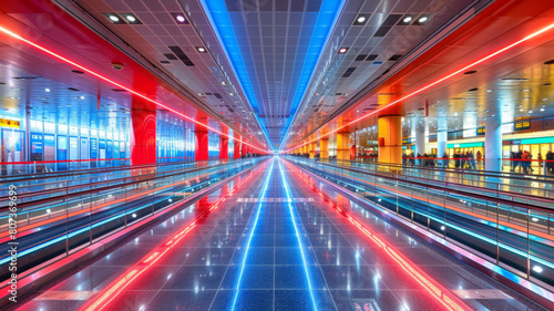 A long, empty, red, blue, and white hallway with a red stripe