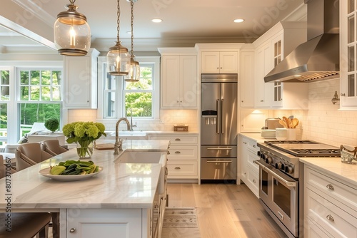 Modern Cape Cod Kitchen with White Cabinetry and Marble Countertops
