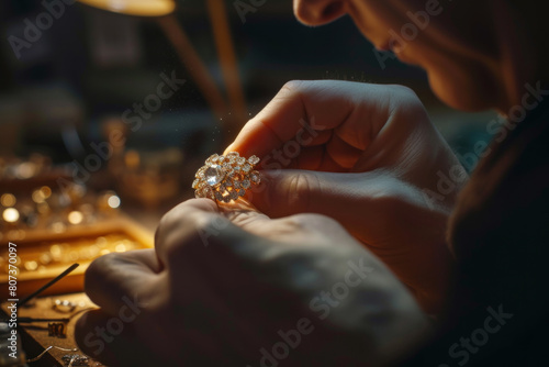 Jeweler Intently Works on Assembling an Intricate Piece of Jewelry photo